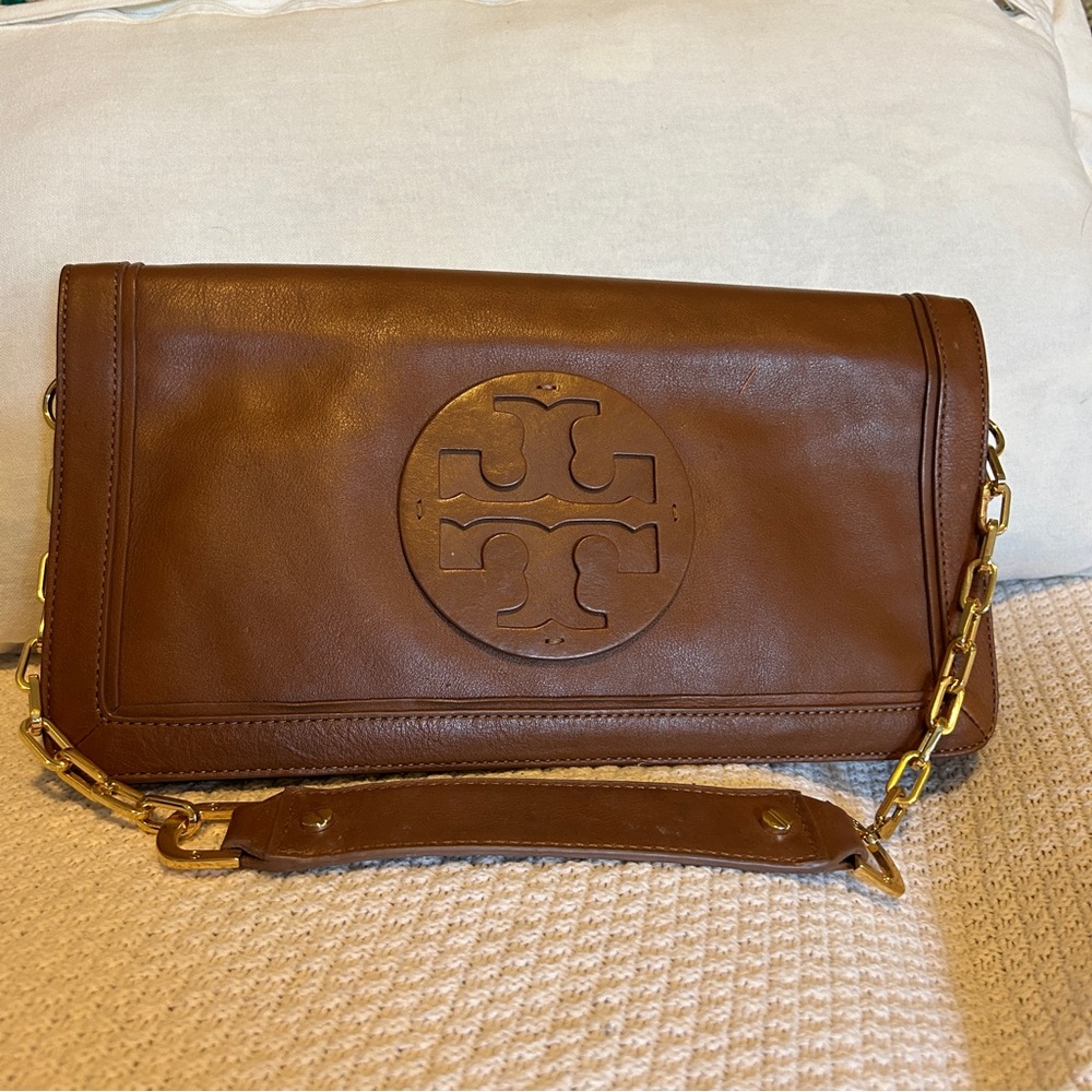 TORY BURCH Reva Brown Leather Shoulder/Hand/Clutch Bag with Gold Accents - Picture 3 of 14